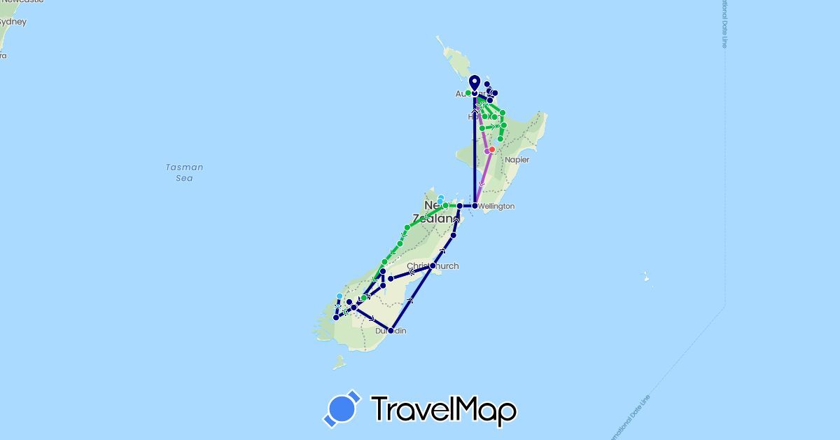 TravelMap itinerary: driving, bus, train, hiking, boat in New Zealand (Oceania)